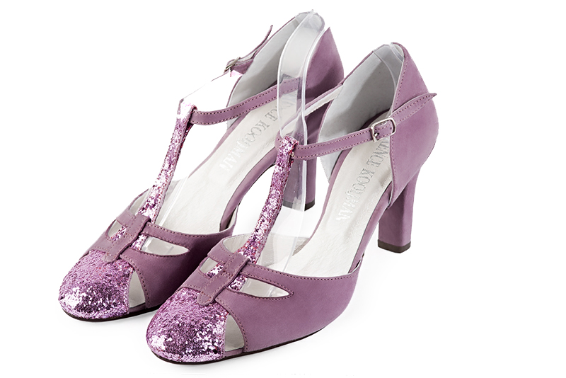 Hot pink and mauve purple women's T-strap open side shoes. Round toe. High kitten heels. Front view - Florence KOOIJMAN